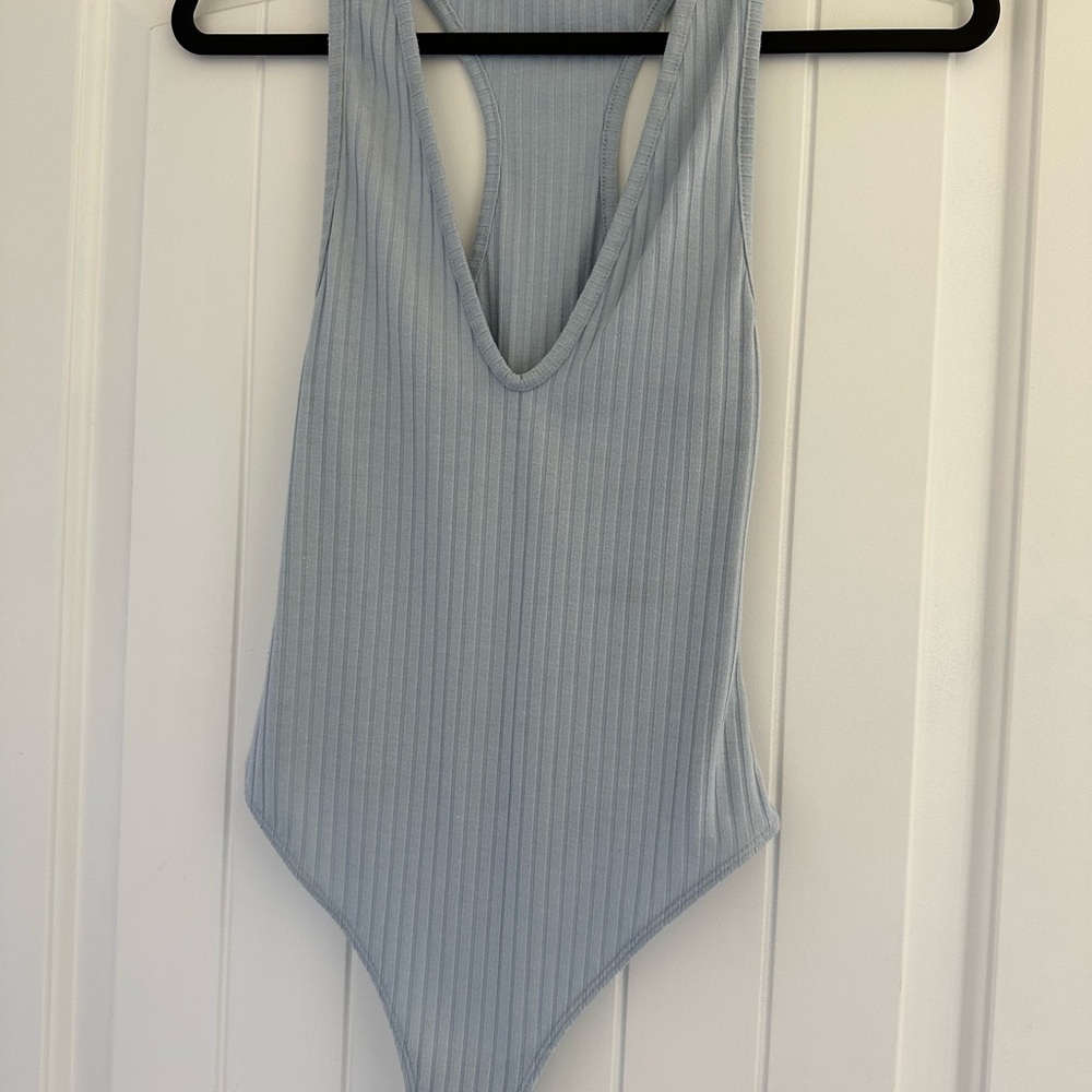 Urban Outfitters Blue Ribbed Bodysuit with Plunging V-neckline